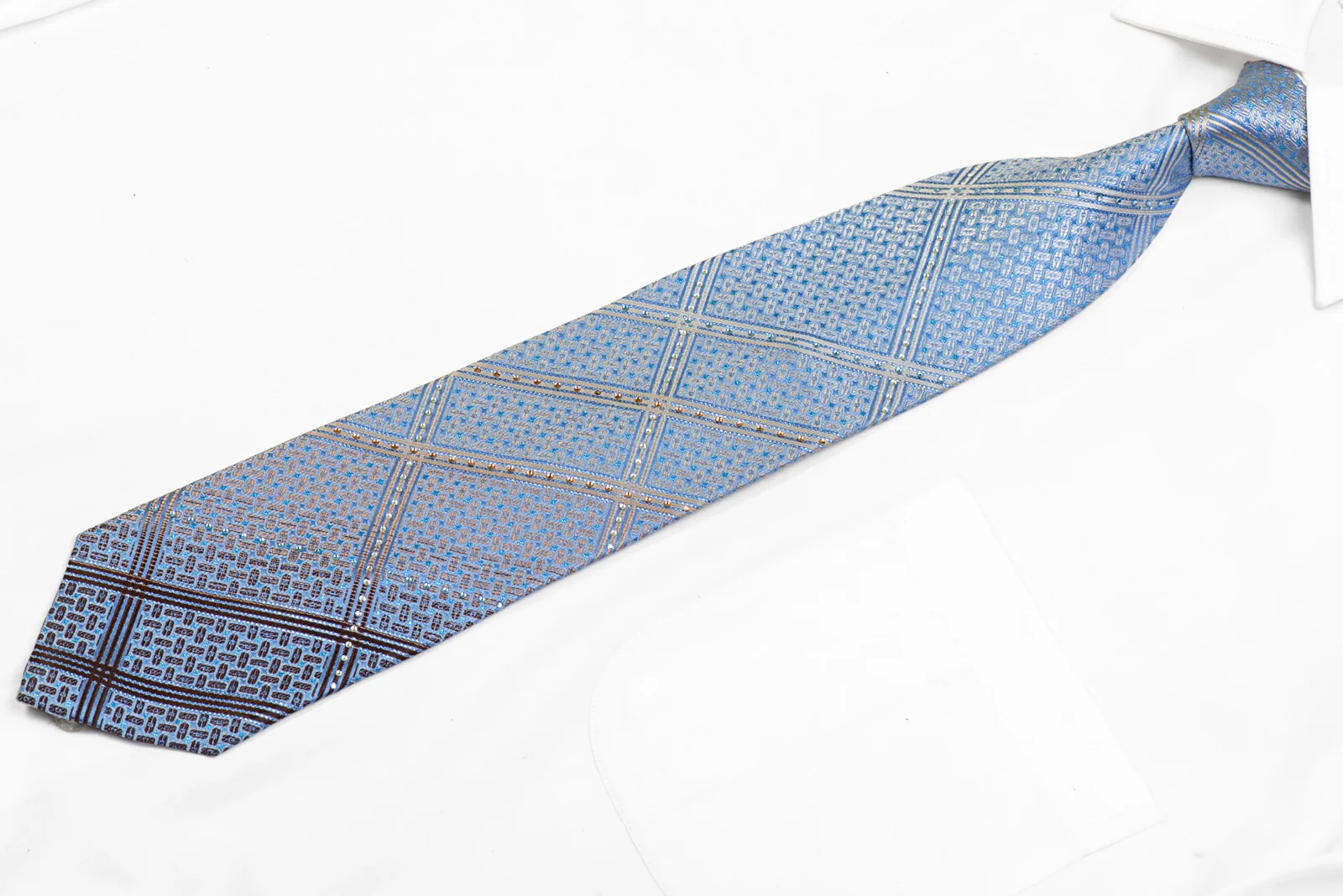 Silver Striped & Geometric On Blue Rhinestone Tie With Blue Sparkles - Image 3