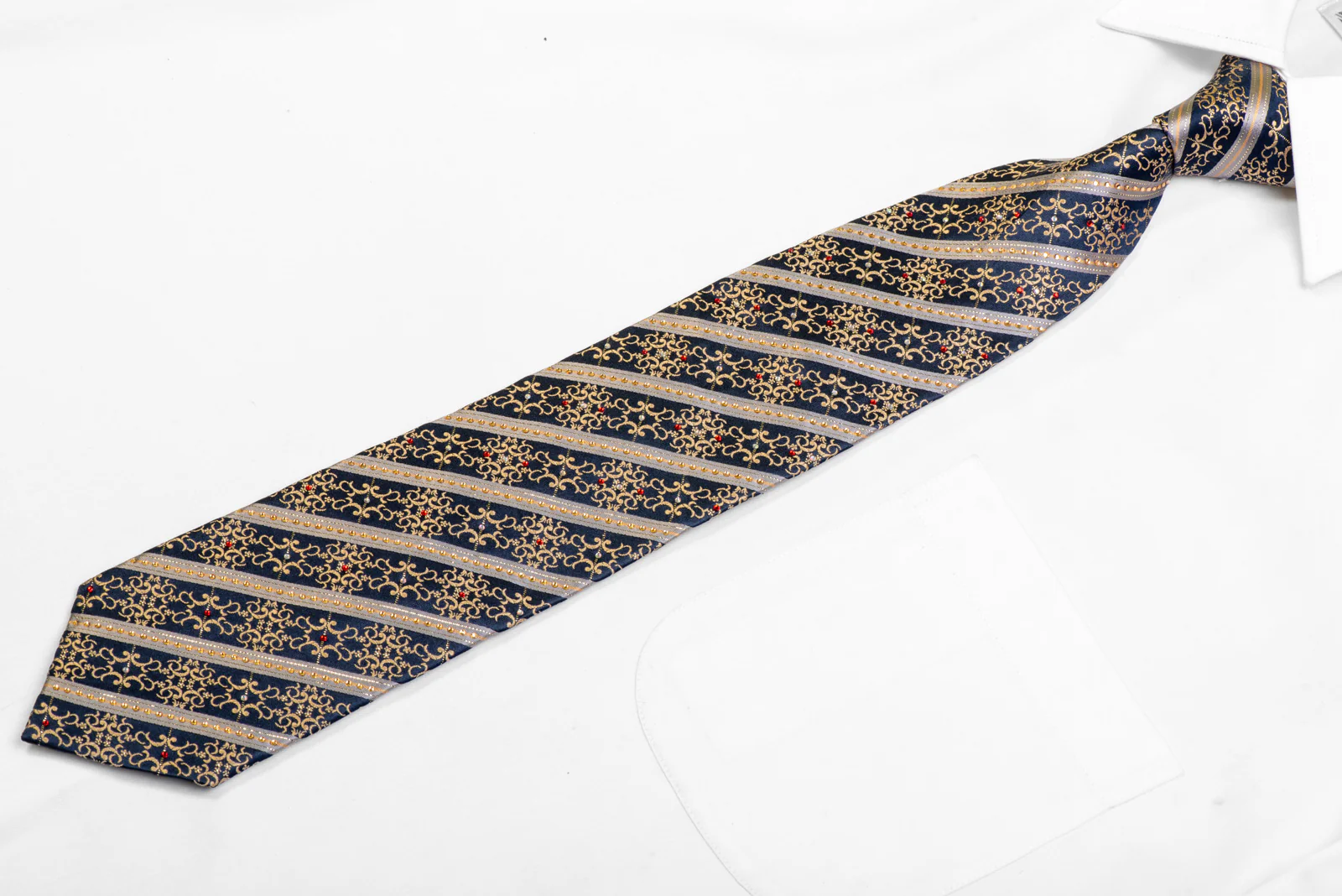 Silver Striped Gold Cartouche On Navy Rhinestone Necktie With Silver Sparkles - Image 3