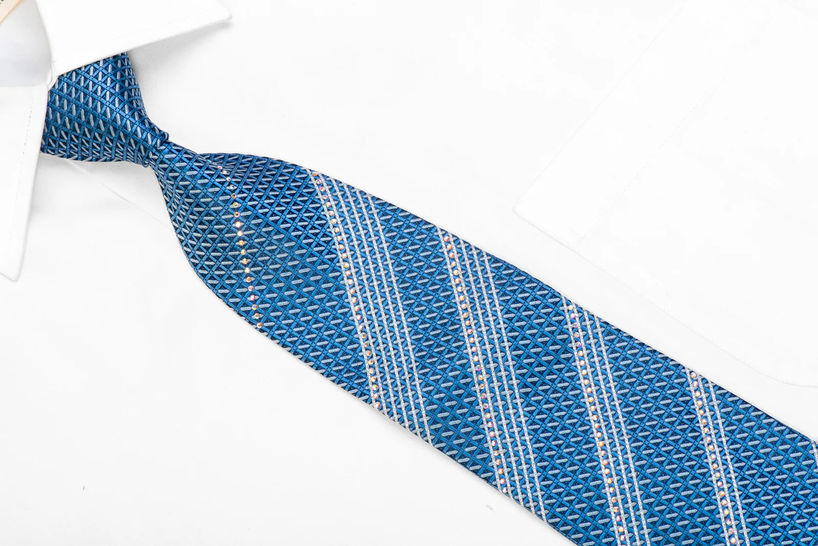 Silver Striped Om Blue Trellis Rhinestone Necktie With Sparkles - Image 2