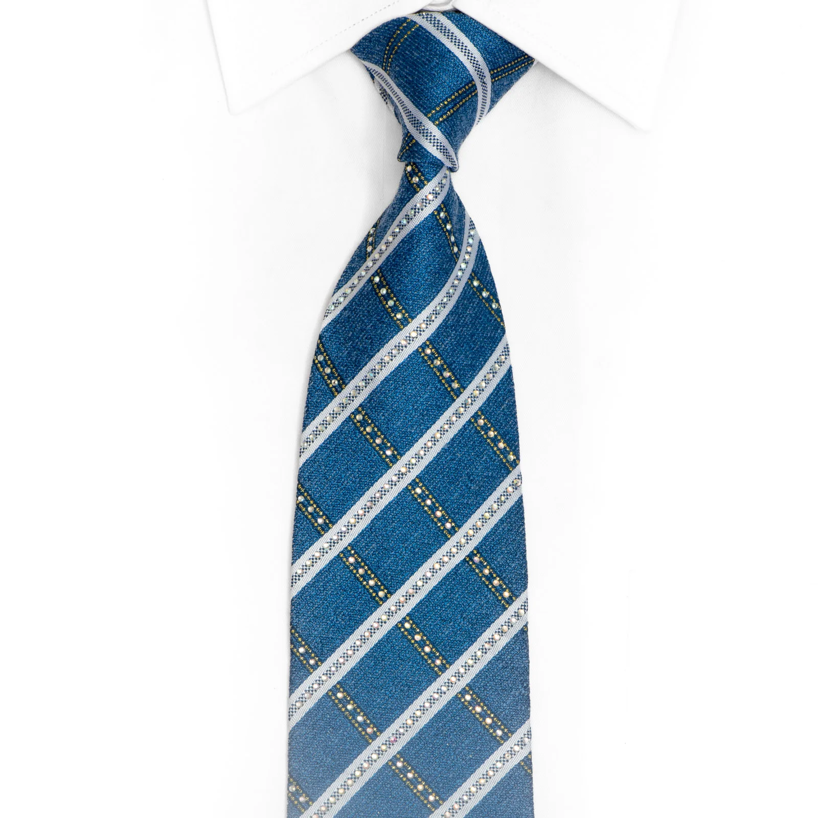 Silver Striped On Blue Rhinestone Silk Necktie With Silver Sparkles