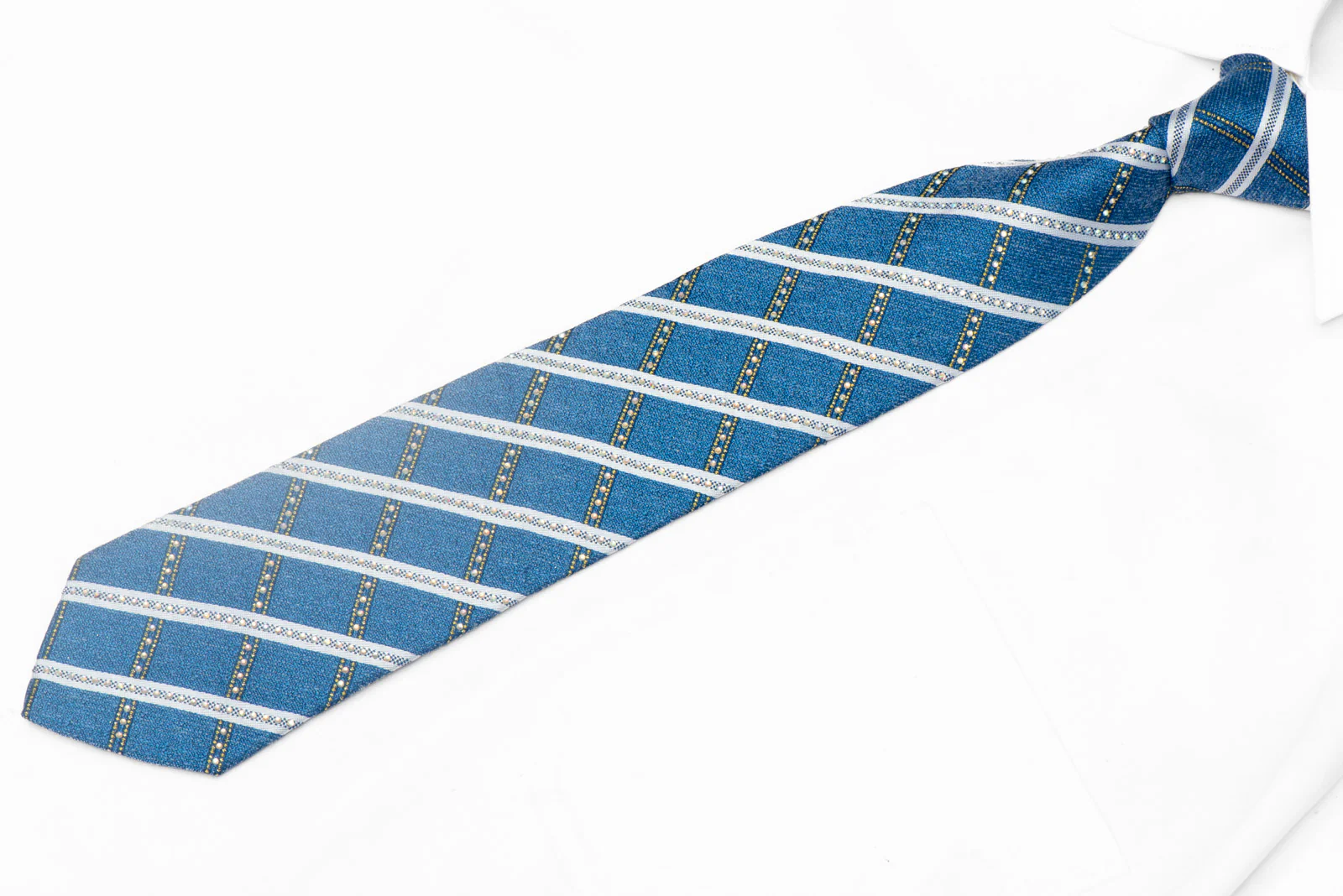 Silver Striped On Blue Rhinestone Silk Necktie With Silver Sparkles - Image 2