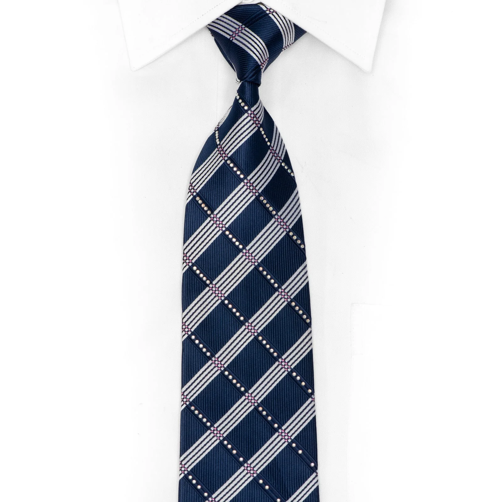 Silver Striped On Blue Rhinestone Silk Tie With Purple Sparkles