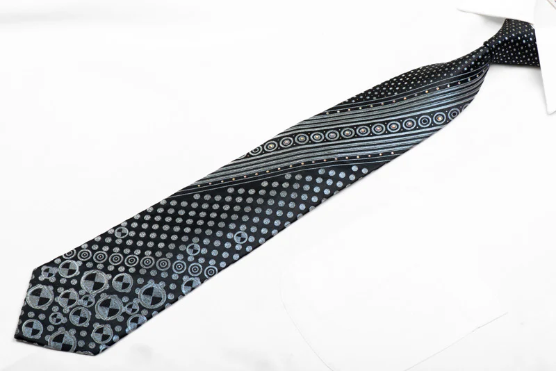 Silver Striped On Geometric On Black Rhinestone Silk Tie With Sparkles - Image 3
