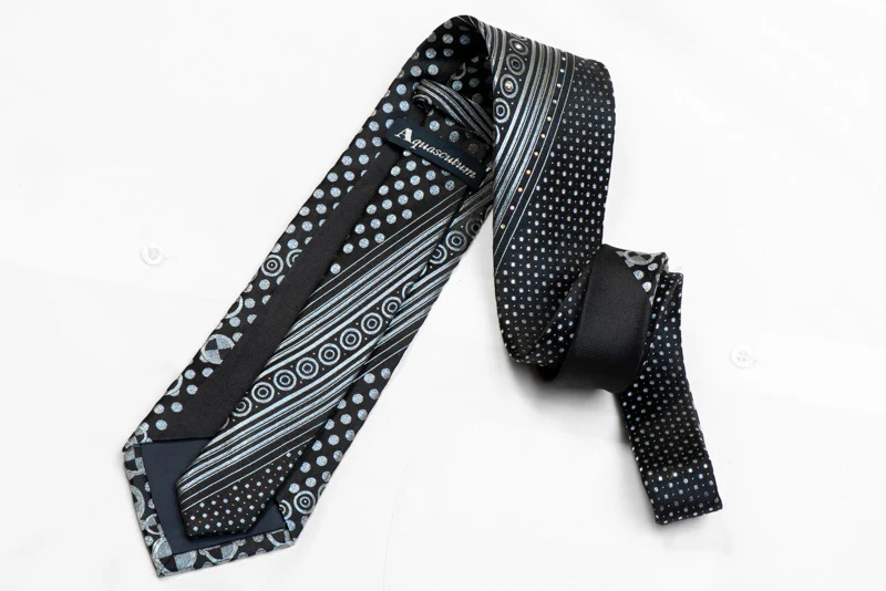 Silver Striped On Geometric On Black Rhinestone Silk Tie With Sparkles - Image 4