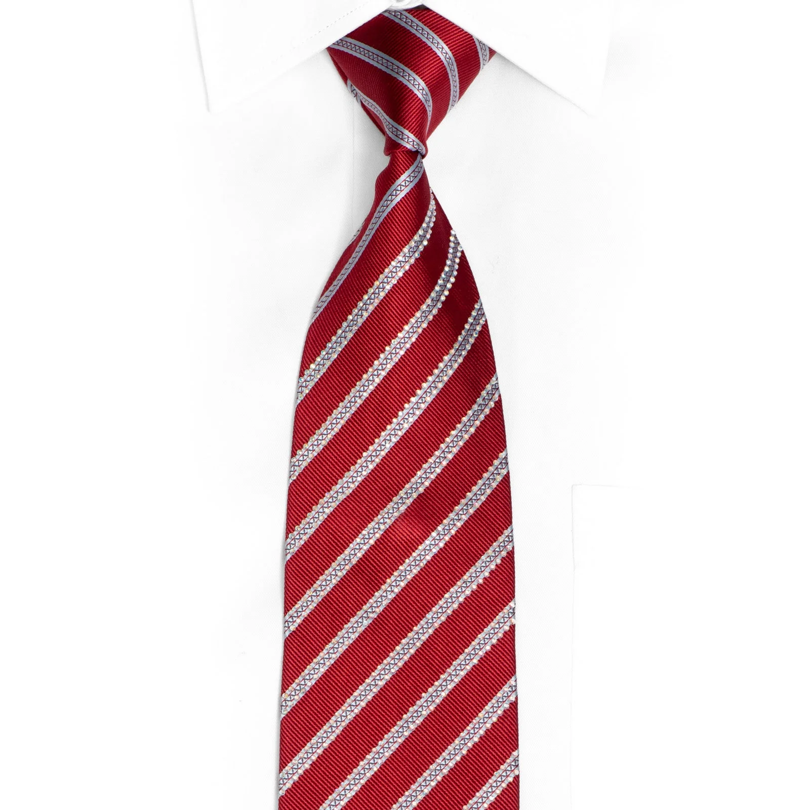 Silver Striped On Red Rhinestone Silk Necktie