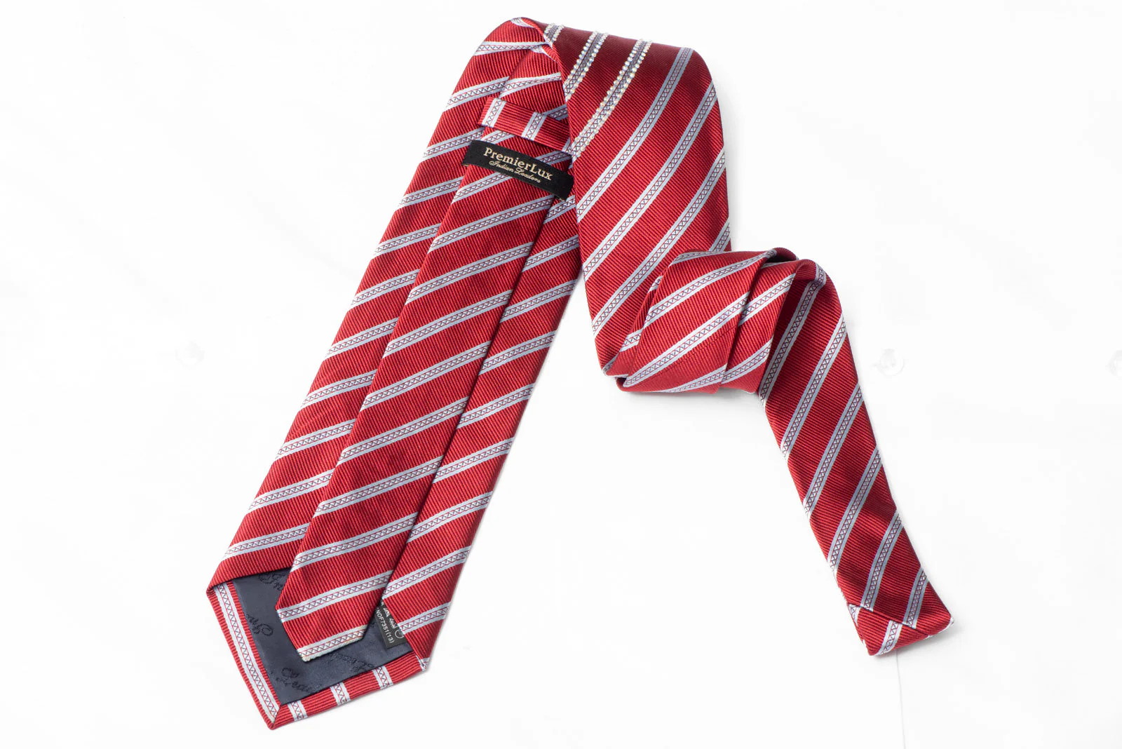Silver Striped On Red Rhinestone Silk Necktie - Image 3