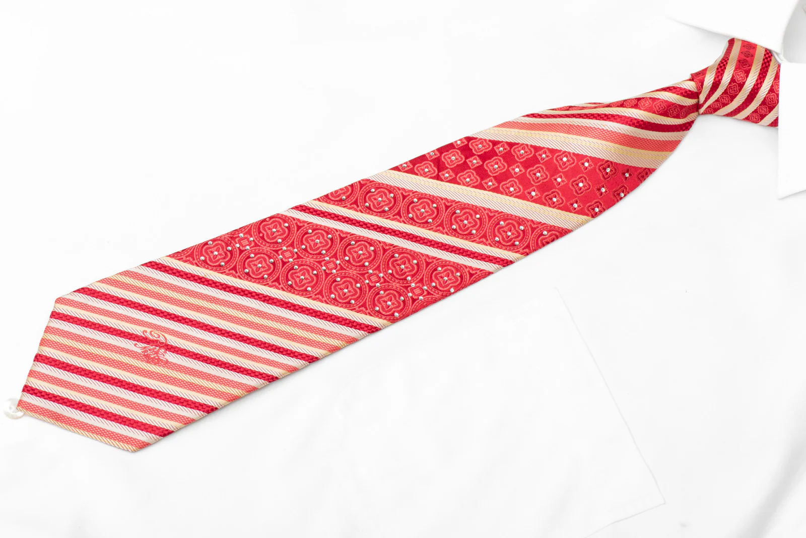 Silver Striped On Red Rhinestone Silk Necktie - Image 3