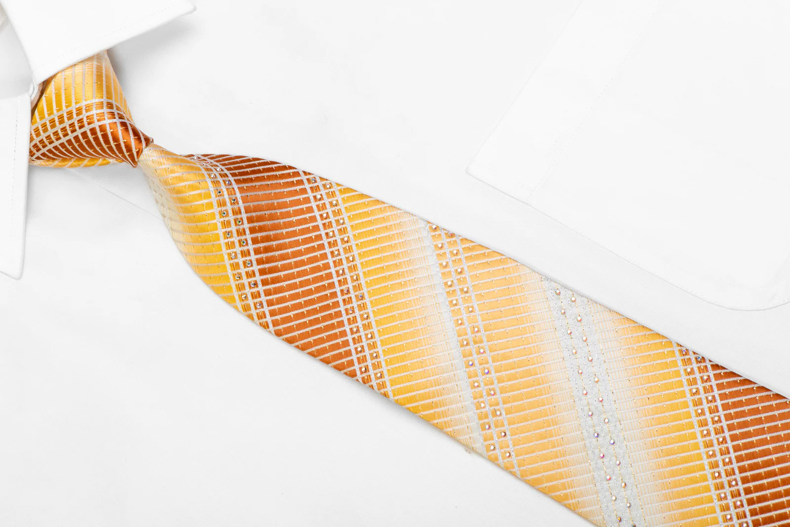 Silver Striped On Yellow Brown Rhinestone Silk Necktie With Gold Sparkles - Image 2