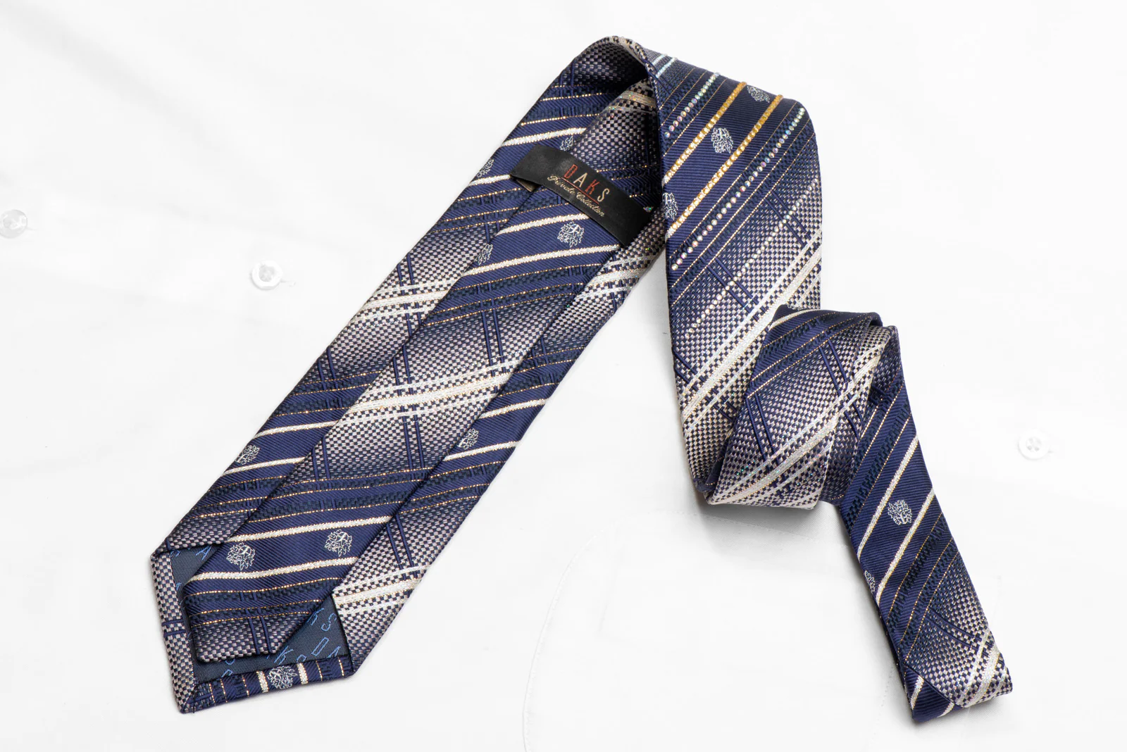 Silver Striped Plaid On Blue Rhinestone Silk Necktie With Silver Gold Sparkles - Image 4