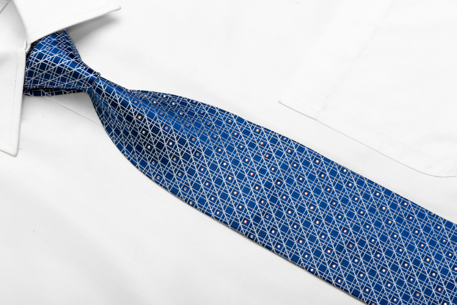 Silver Striped Trellis On Blue Rhinestone Silk Necktie With Silver Sparkles - Image 2
