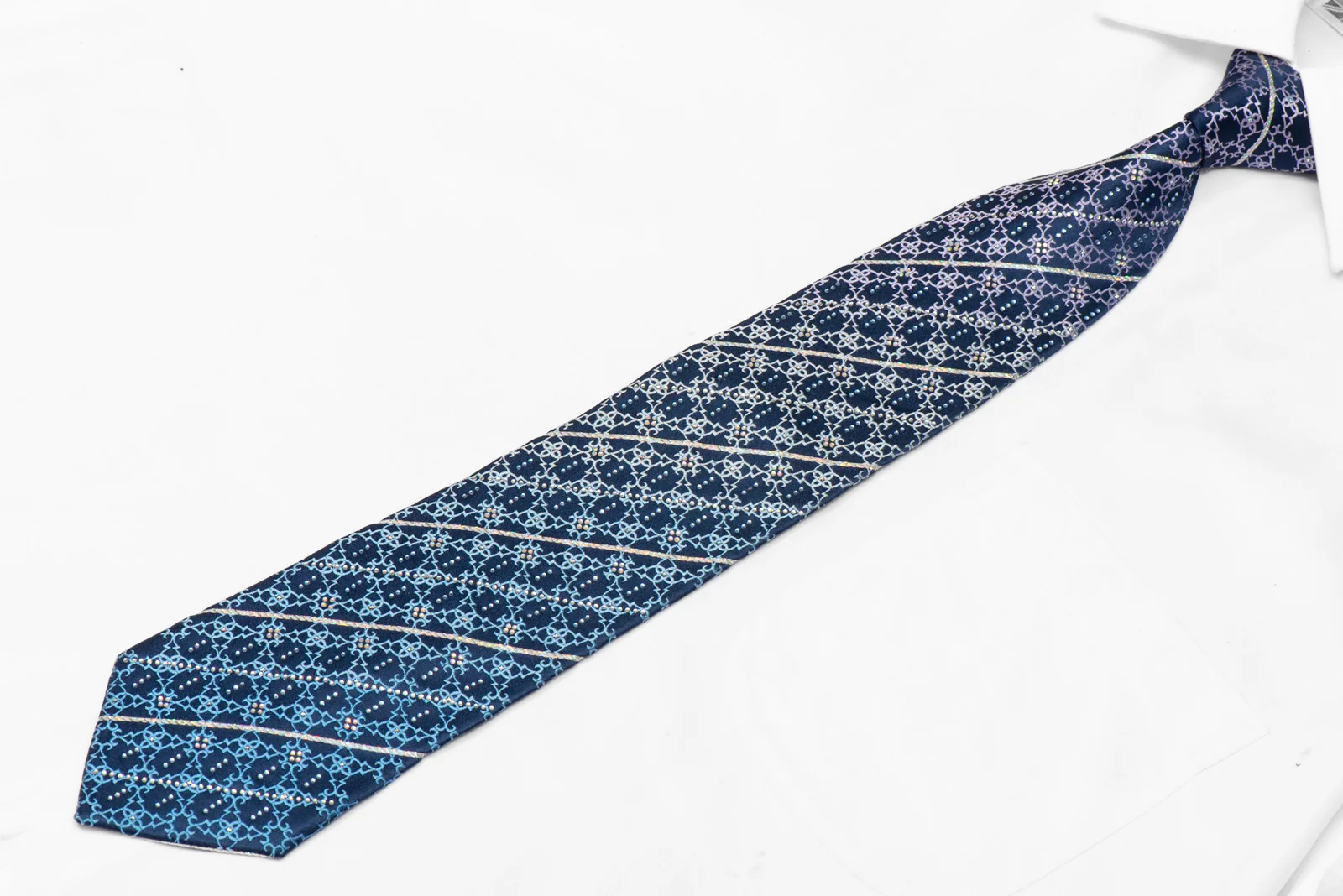 Silver Stripes & Cartouche On Dark Blue Rhinestone Silk Necktie With Sparkles - Image 2