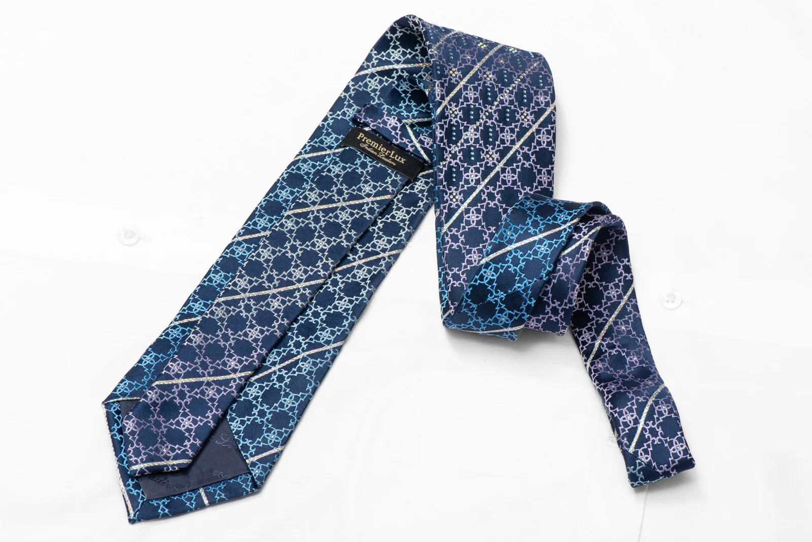 Silver Stripes & Cartouche On Dark Blue Rhinestone Silk Necktie With Sparkles - Image 3