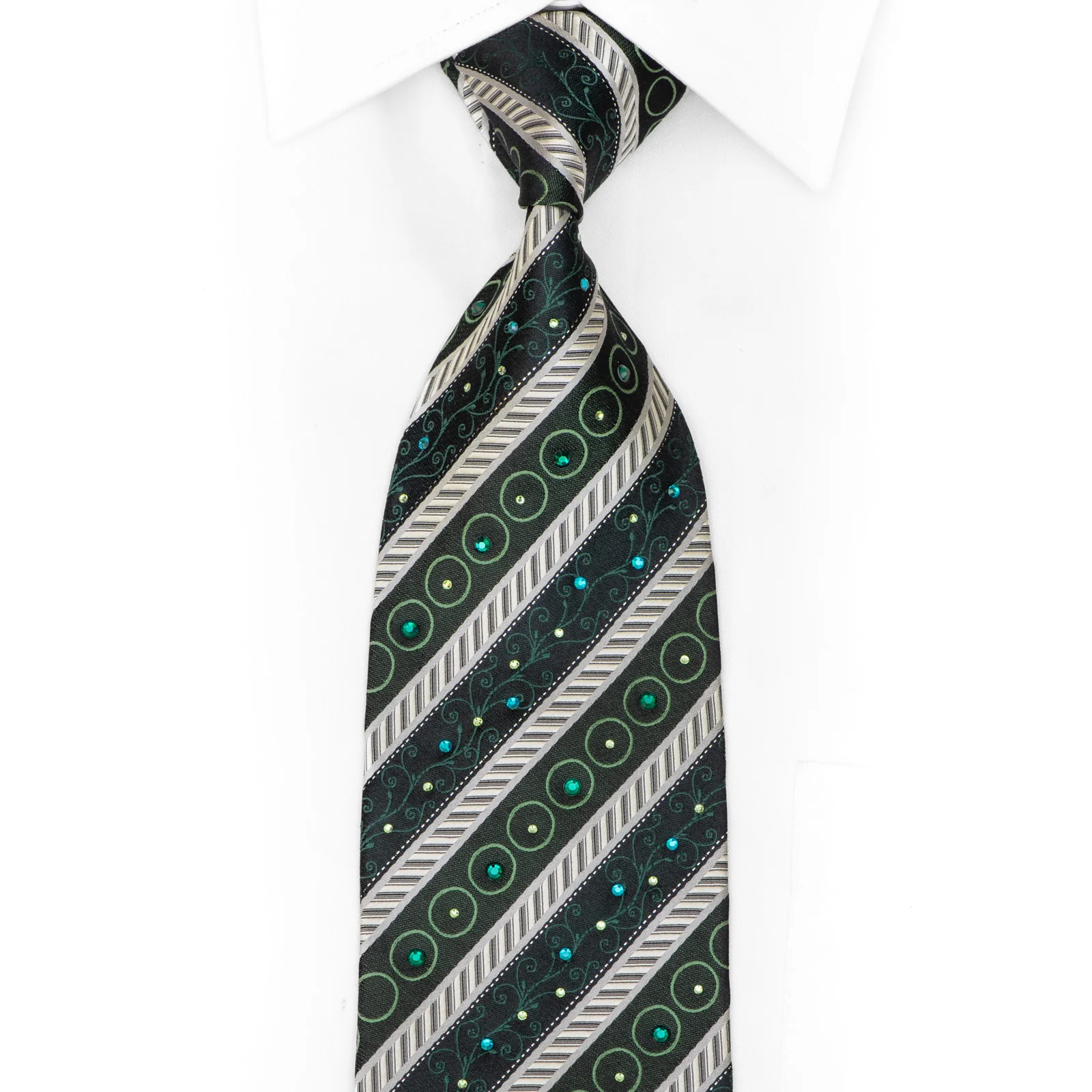 Silver Stripes & Green On Navy Rhinestone Silk Necktie With Silver Sparkles