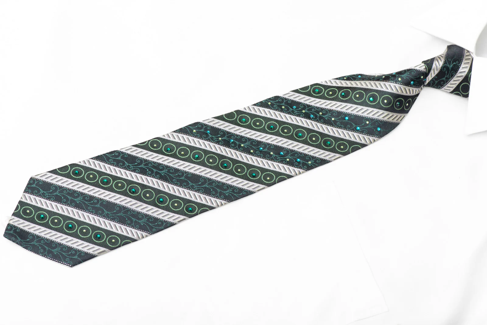 Silver Stripes & Green On Navy Rhinestone Silk Necktie With Silver Sparkles - Image 3