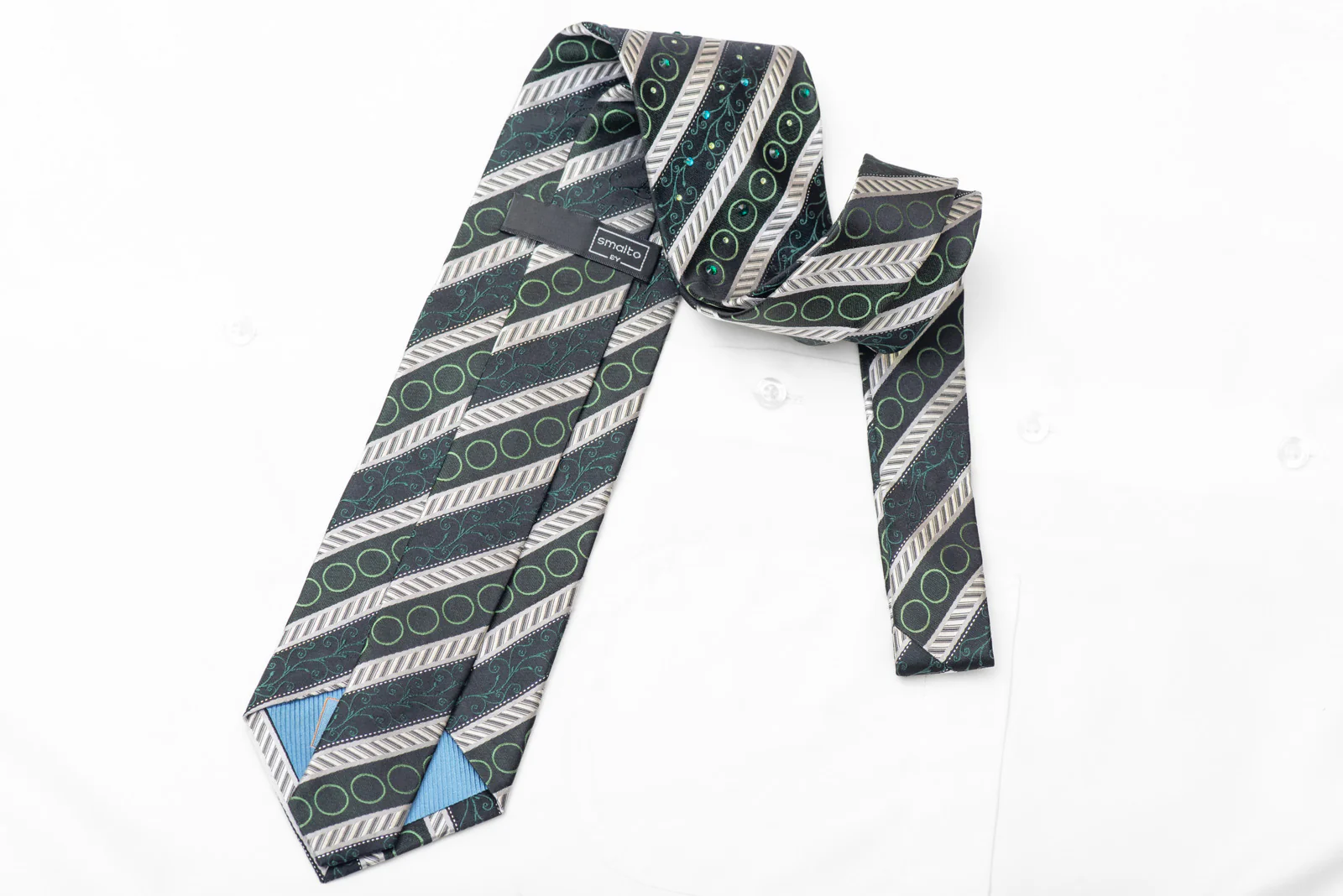 Silver Stripes & Green On Navy Rhinestone Silk Necktie With Silver Sparkles - Image 4
