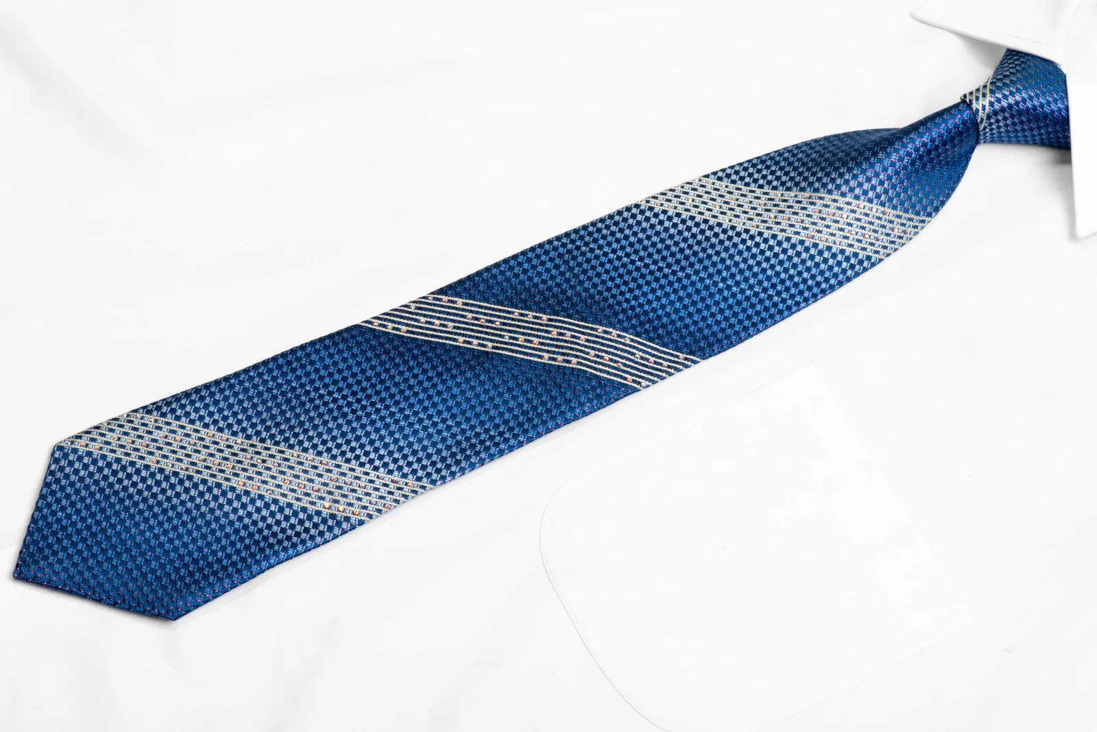 Silver Stripes On Blue Rhinestone Silk Necktie With Purple Sparkles - Image 3