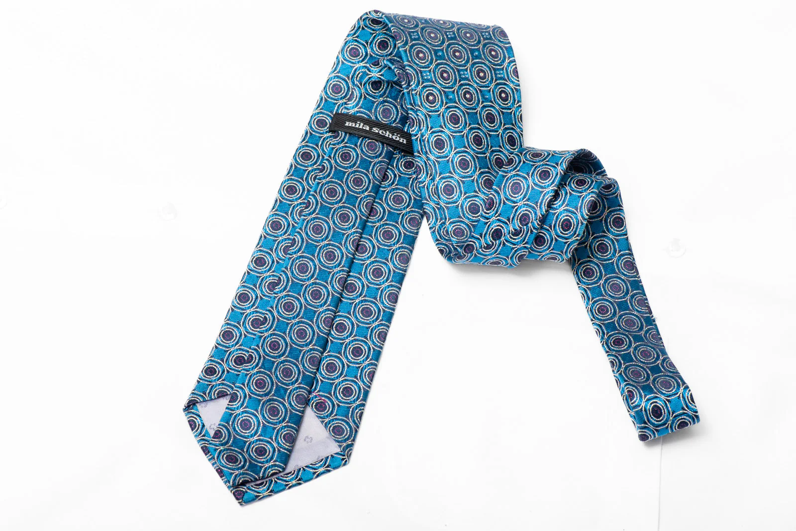Silver Teal Geometric On Navy Rhinestone Silk Necktie With Silver Sparkles - Image 3
