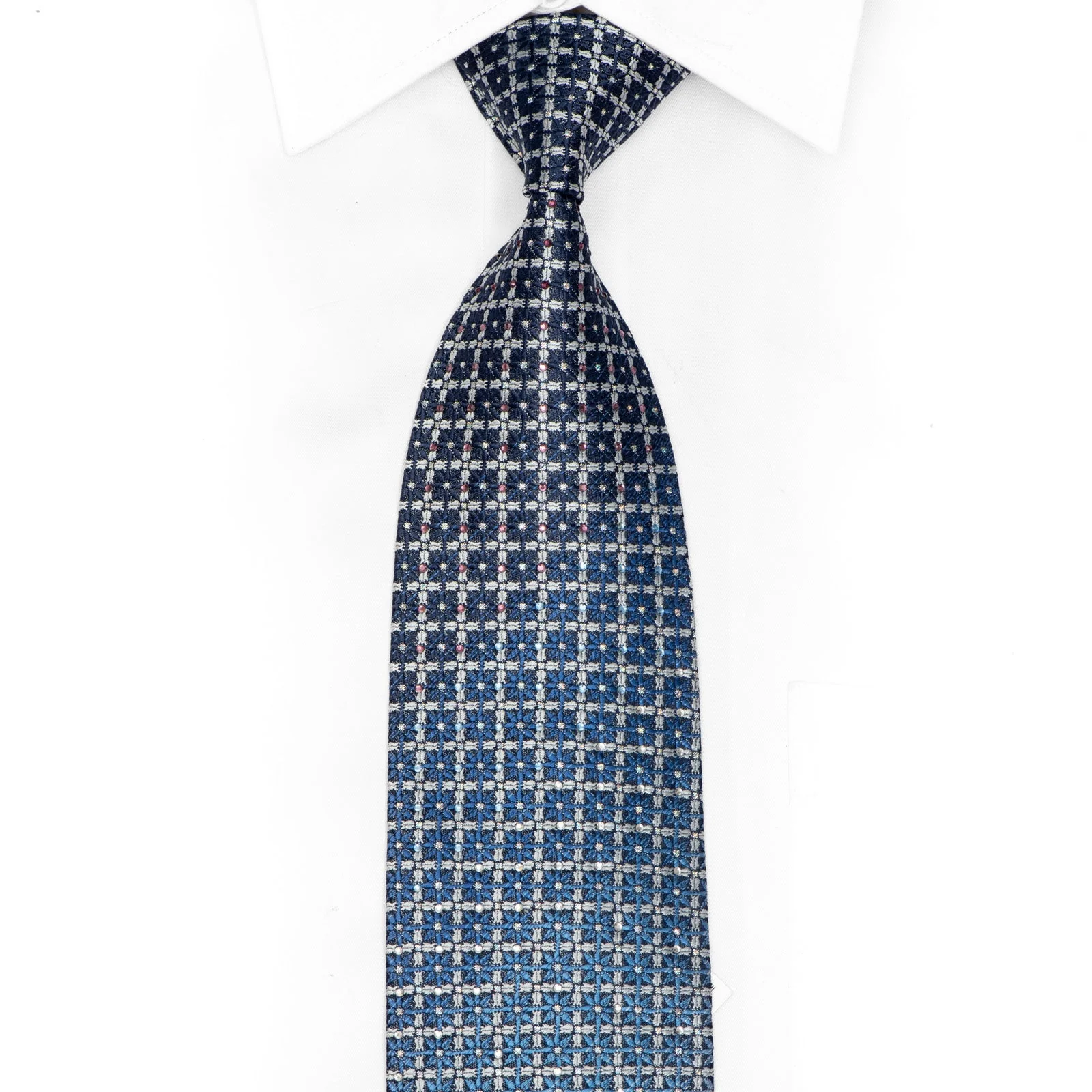 Silver Trellis & Floral On Navy Rhinestone Silk Necktie With Silver Sparkles