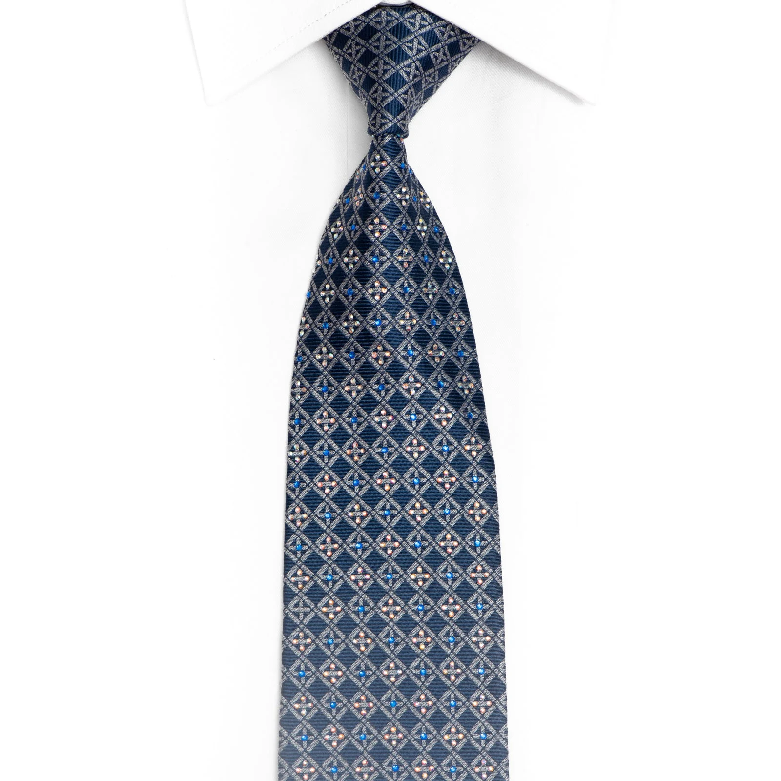 Silver Trellis On Blue Rhinestone Silk Necktie