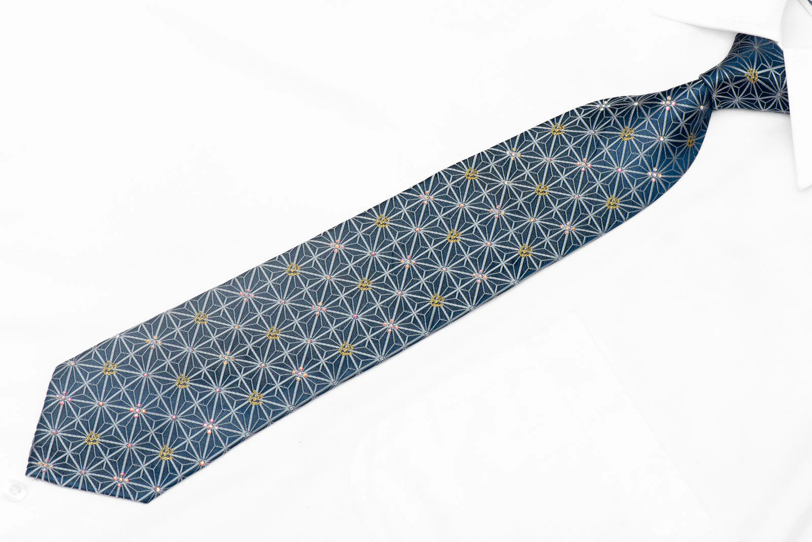 Silver Trellis On Blue Rhinestone Silk Necktie With Gold Sparkles - Image 2