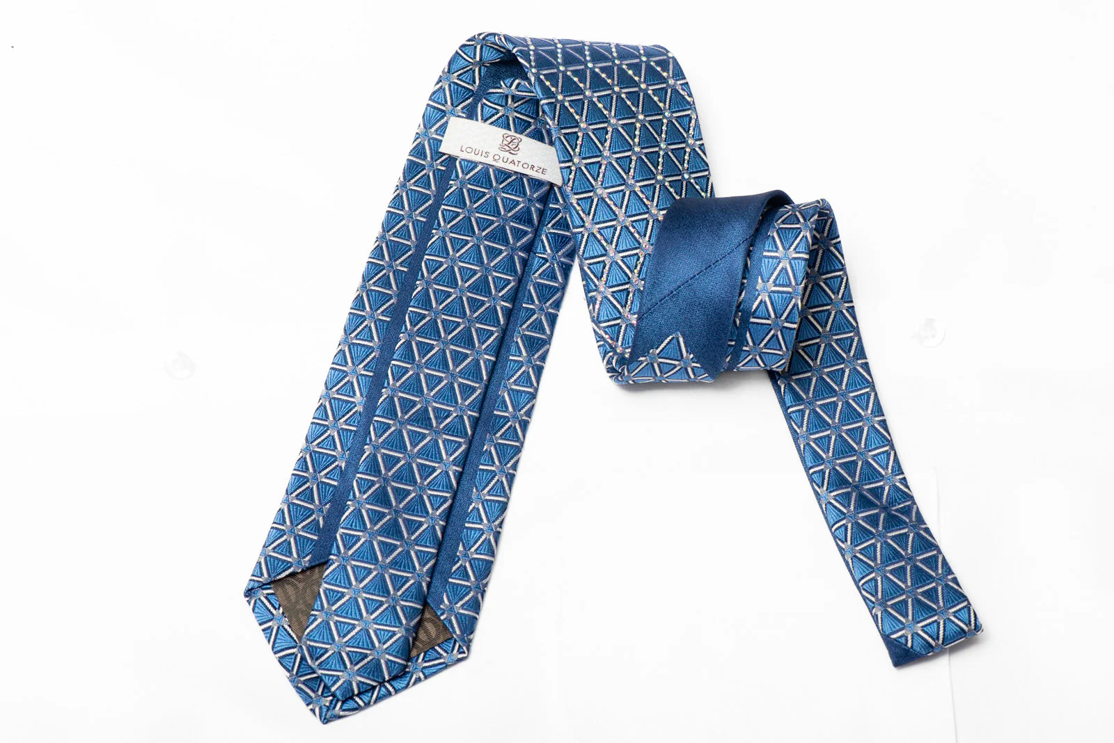 Silver Trellis On Cerulean Blue Rhinestone Silk Tie - Image 3