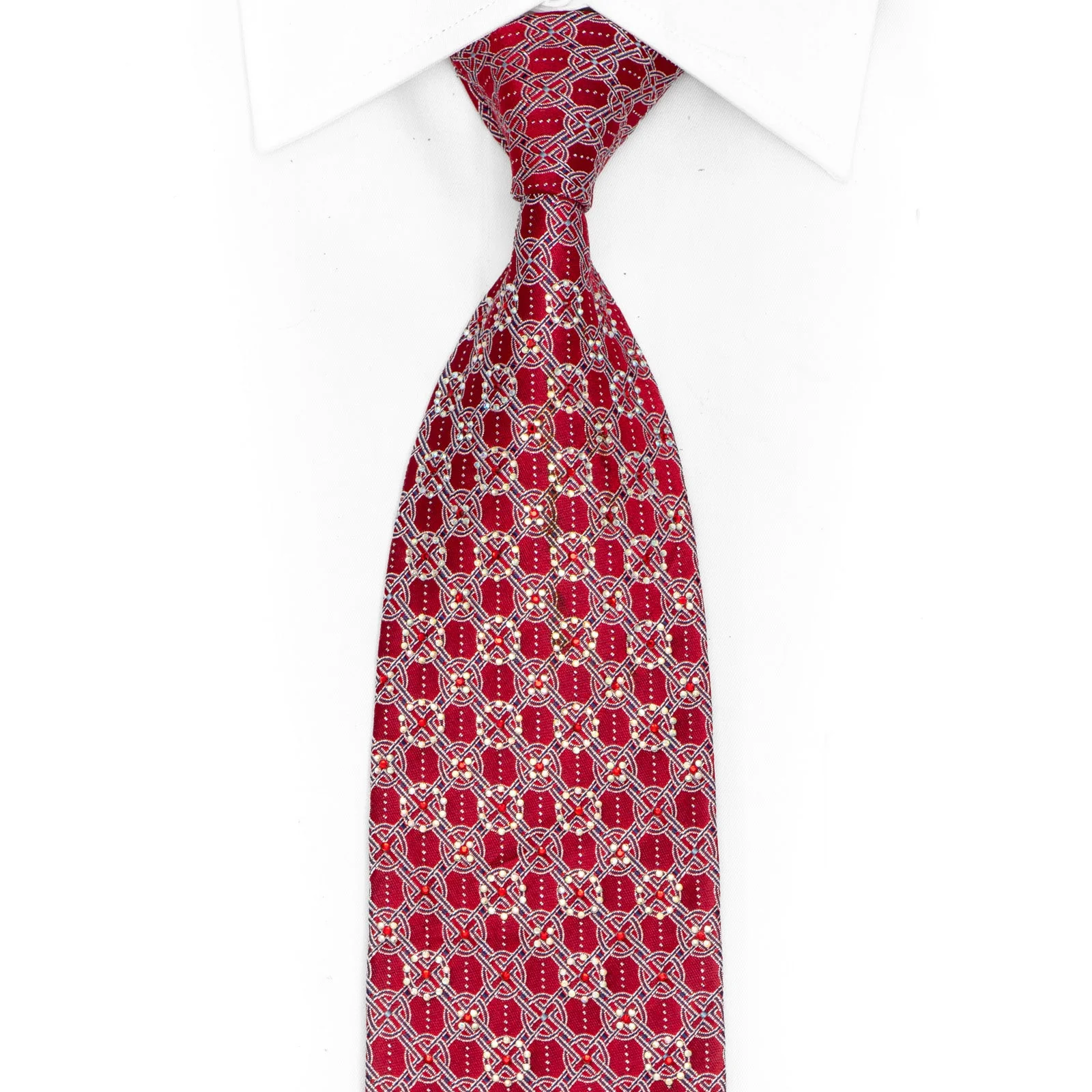 Silver Trellis On Dark Red Rhinestone Silk Tie With Silver Sparkles