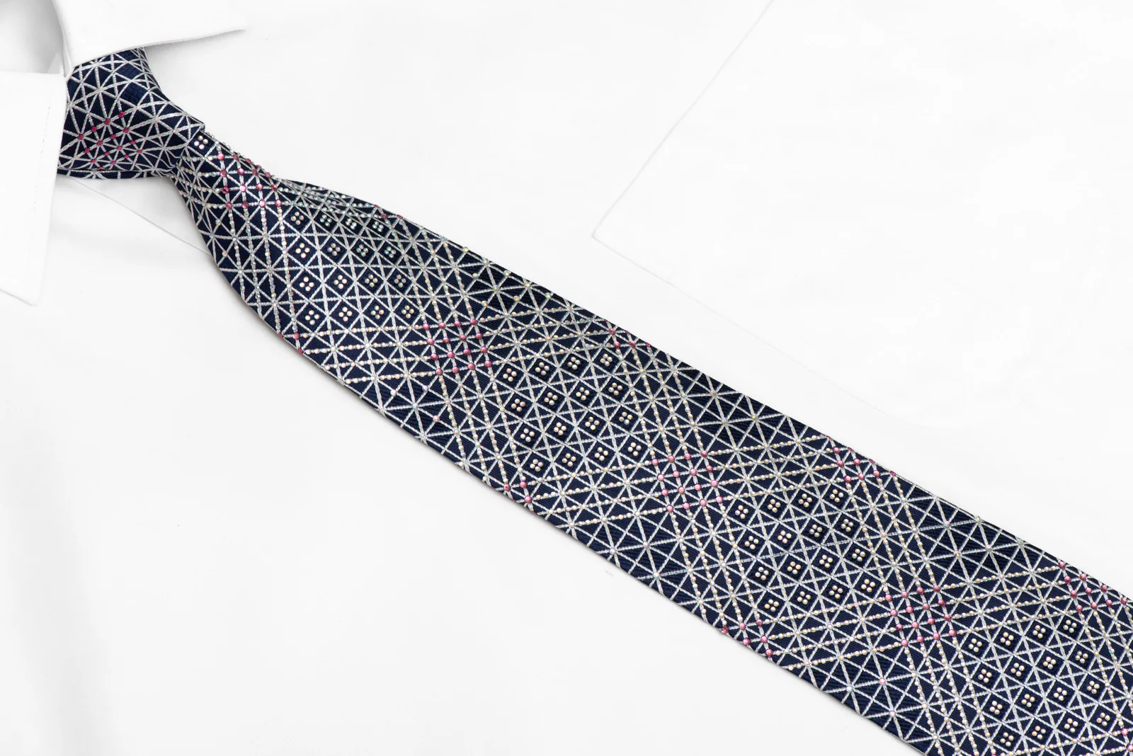 Silver Trellis On Navy Rhinestone Silk Necktie With Silver Sparkles - Image 2