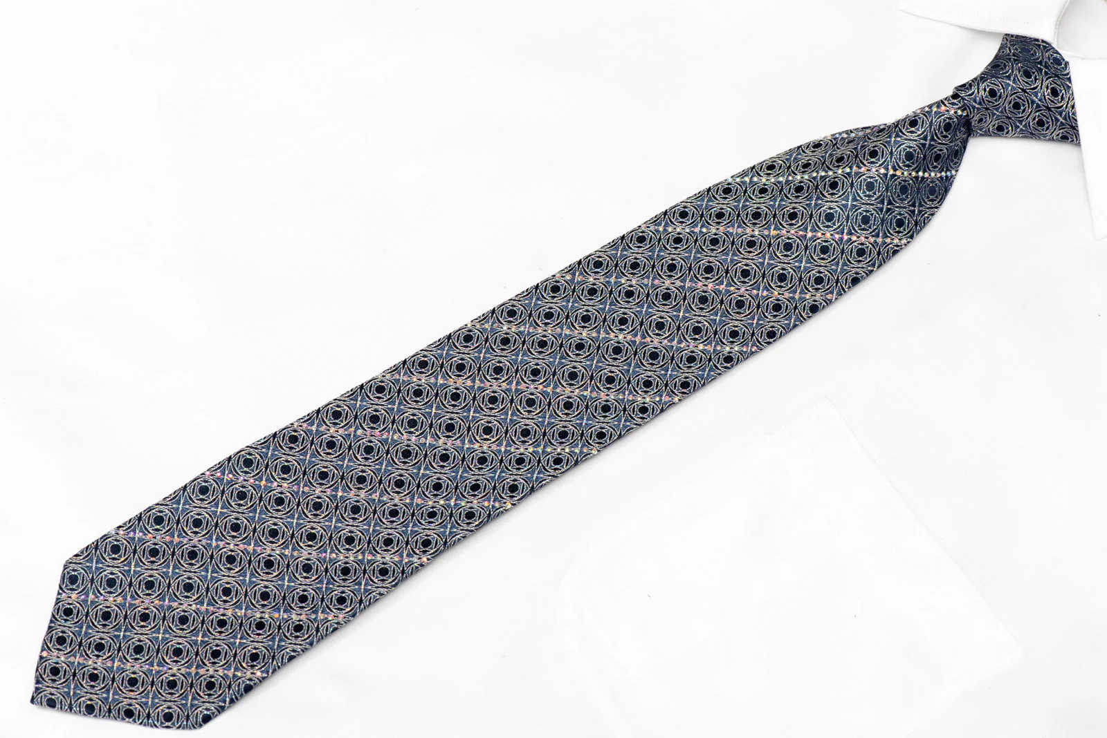 Silver Trellis On Navy Rhinestone Silk Tie With Silver Sparkles - Image 2