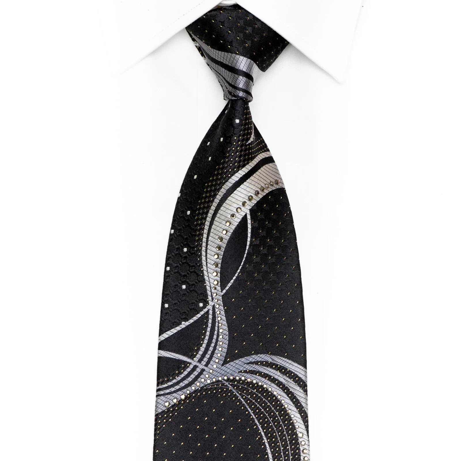 Silver Waves On Black Rhinestone Silk Necktie With Gold Sparkles