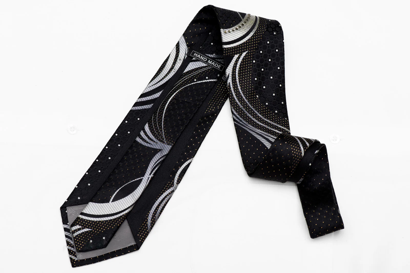 Silver Waves On Black Rhinestone Silk Necktie With Gold Sparkles - Image 4