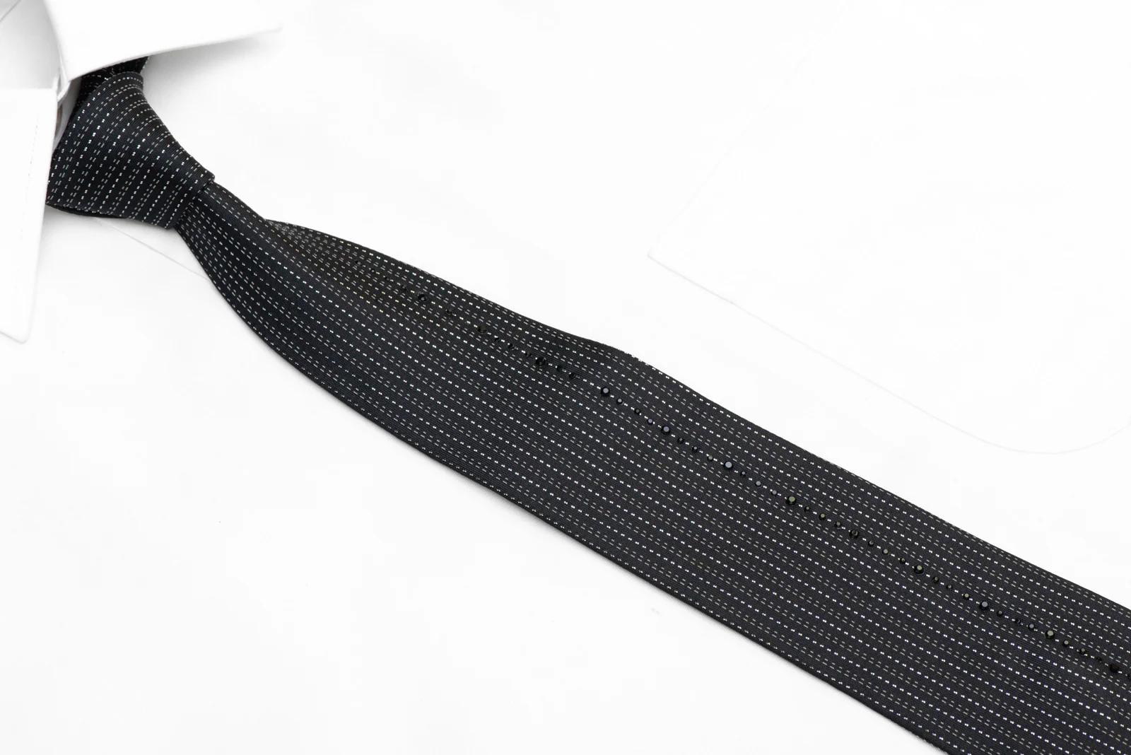 Skinny Rhinestone Silk Necktie Silver Vertical Stripes On Black With Sparkles - Image 2