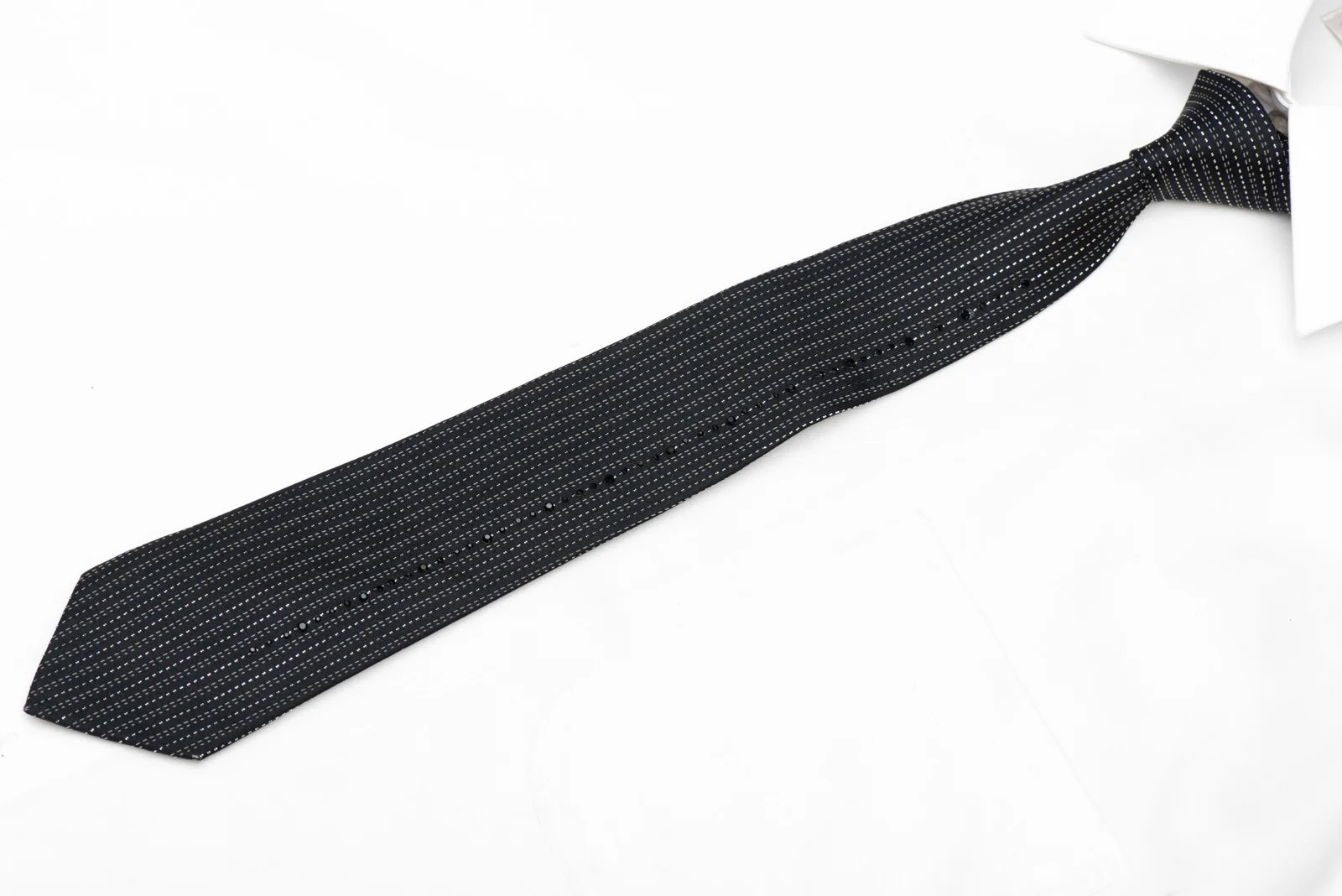 Skinny Rhinestone Silk Necktie Silver Vertical Stripes On Black With Sparkles - Image 3