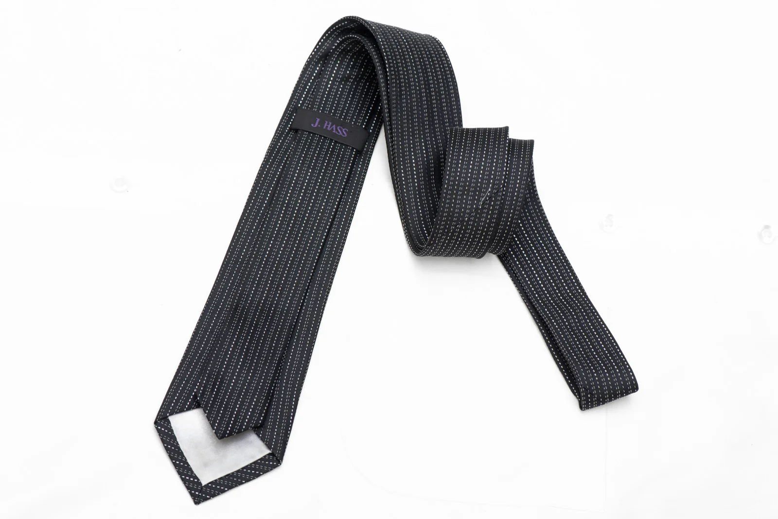 Skinny Rhinestone Silk Necktie Silver Vertical Stripes On Black With Sparkles - Image 4