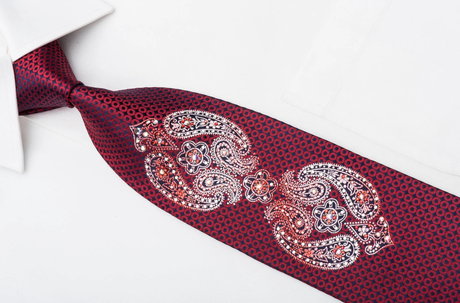 Smalto Mens Crystal Rhinestone Necktie Boteh Motif On Burgundy Navy Silk - Image 2