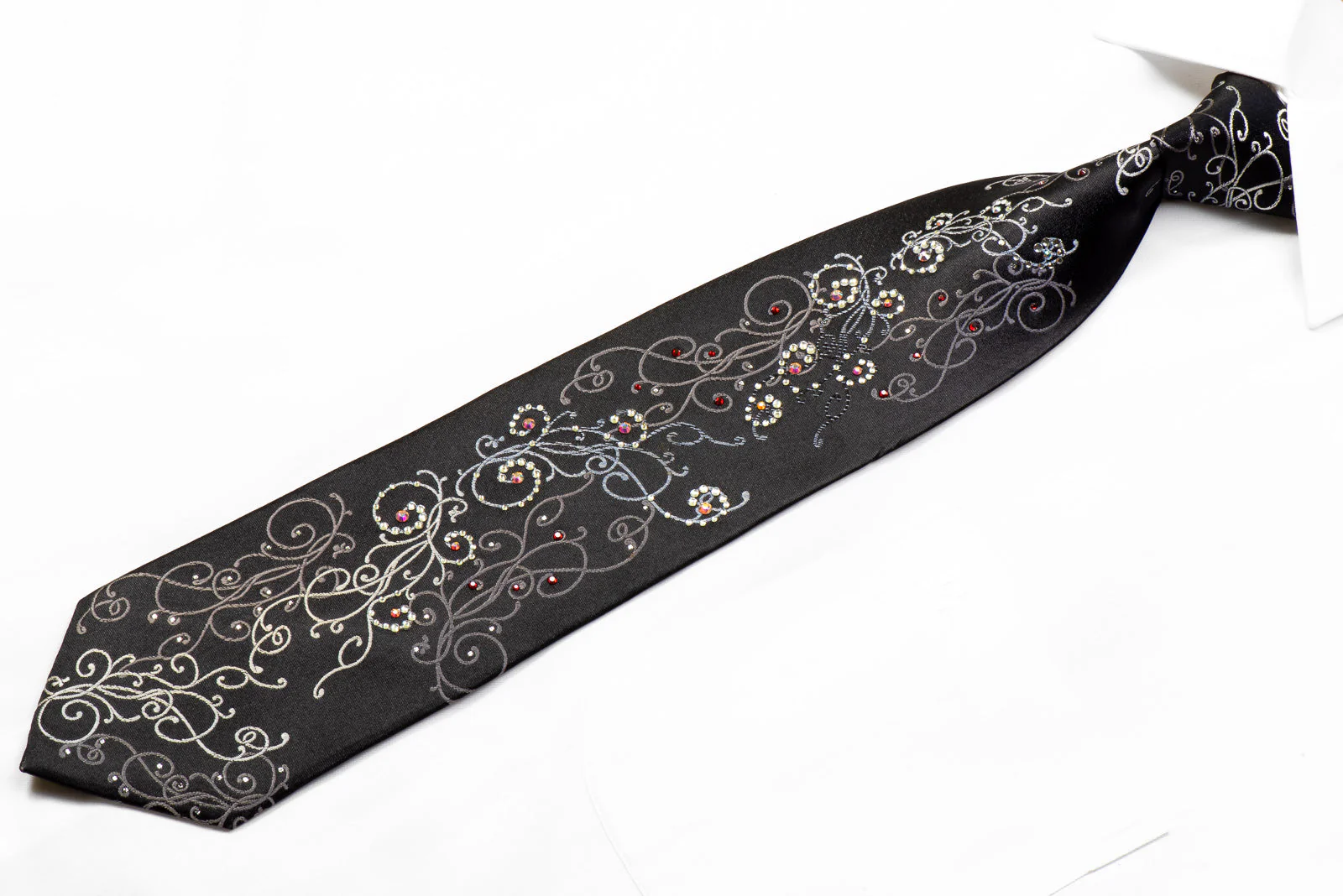 Smalto Crystal Rhinestone Tie Silver Scrolls On Black - Image 4