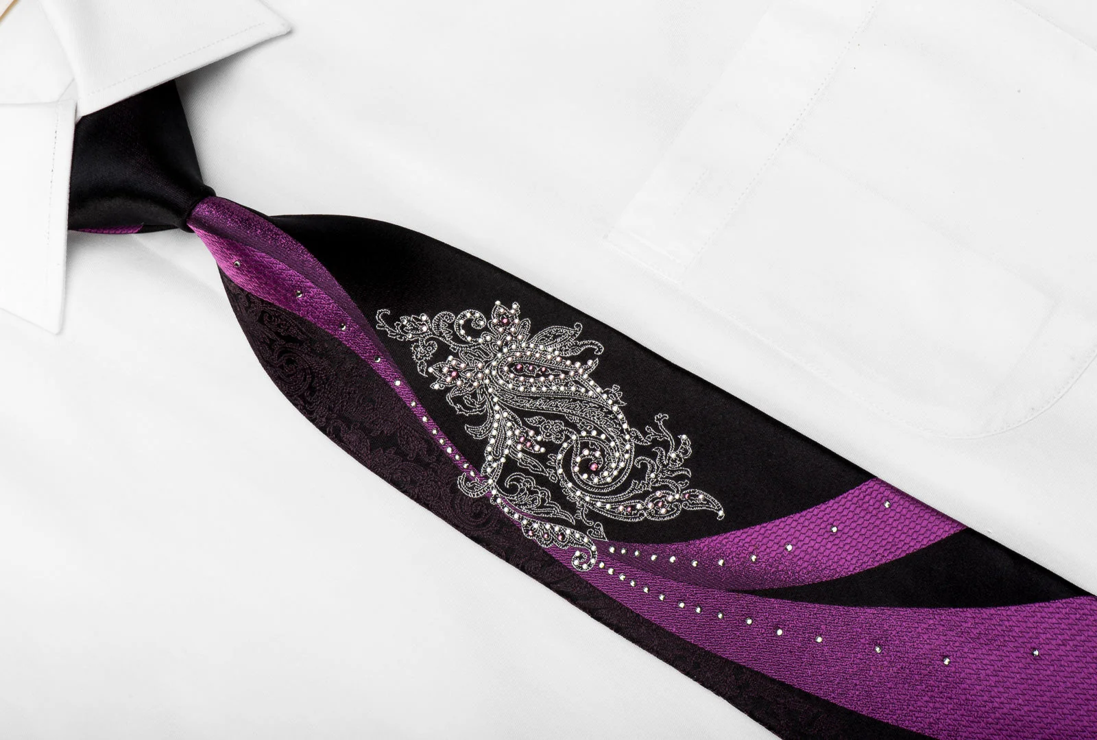 Smalto Men's Crystal Rhinestone Silk Necktie Paisley & Waves On Purple - Image 4