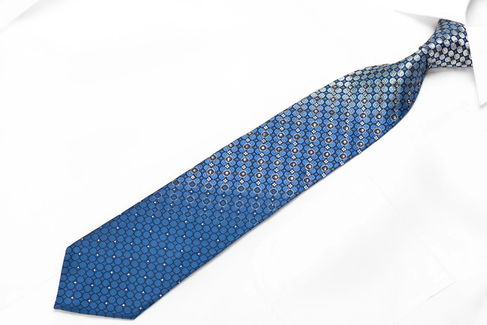 Smalto Men's Crystal Silk Necktie Geometric Circles On Blue With Gold Sparkles - Image 2