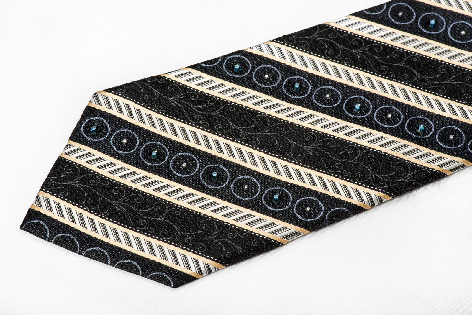 Smalto Men's Crystal Silk Necktie Silver Black Striped With Silver Sparkles - Image 4