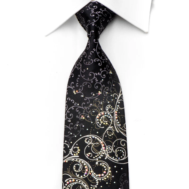 Smalto Men's Rhinestone Silk Tie Silver Scrolls On Black With Silver Sparkles