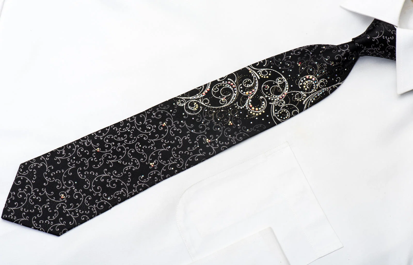 Smalto Men's Rhinestone Silk Tie Silver Scrolls On Black With Silver Sparkles - Image 2