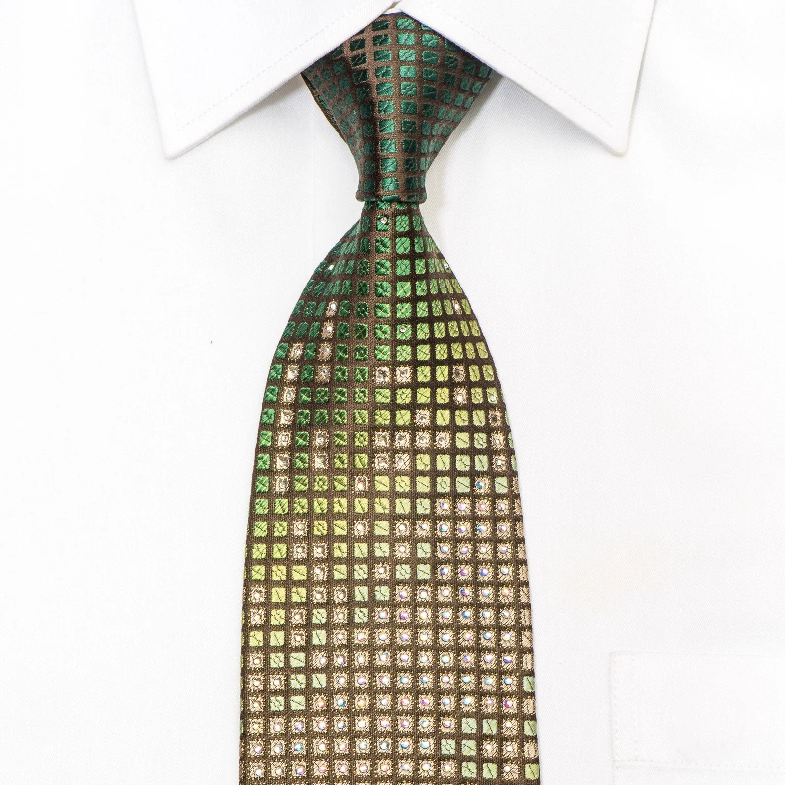 Smalto Men's Silk Tie Geometric Squares On Dark Green Sparkling With Rhinestones
