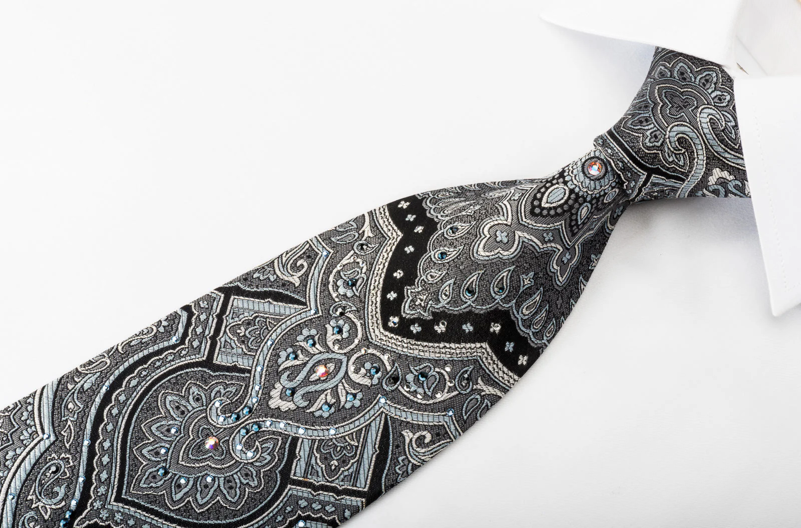 Smalto Men's Woven Silk Necktie Silver Damask On Black With Rhinestones - Image 5