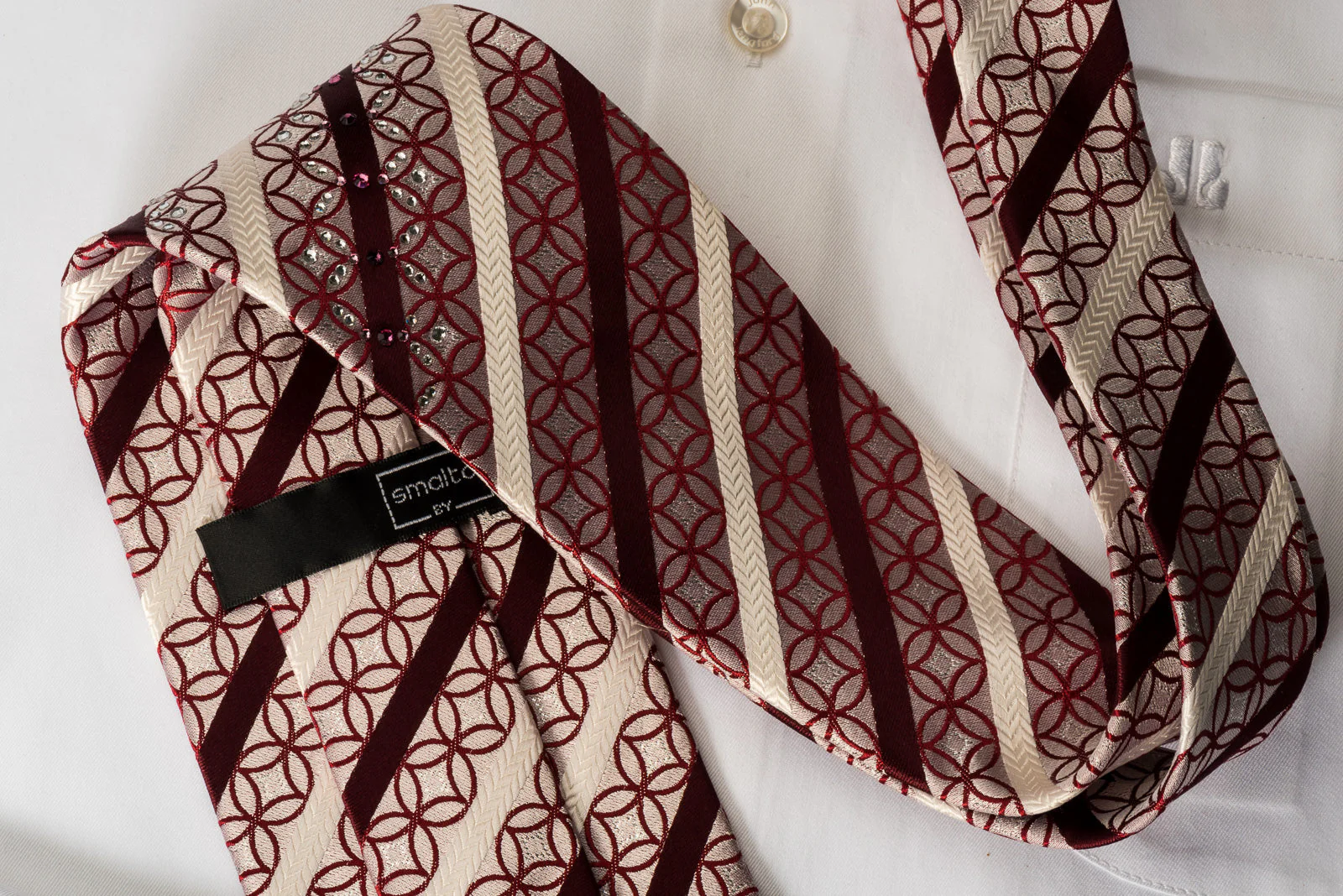 Smalto Rhinestone Necktie Burgundy White Striped On Silver With Silver Sparkles - Image 3