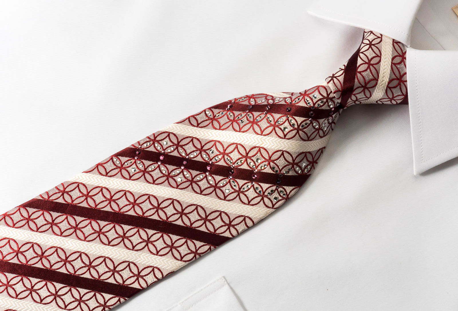 Smalto Rhinestone Necktie Burgundy White Striped On Silver With Silver Sparkles - Image 4