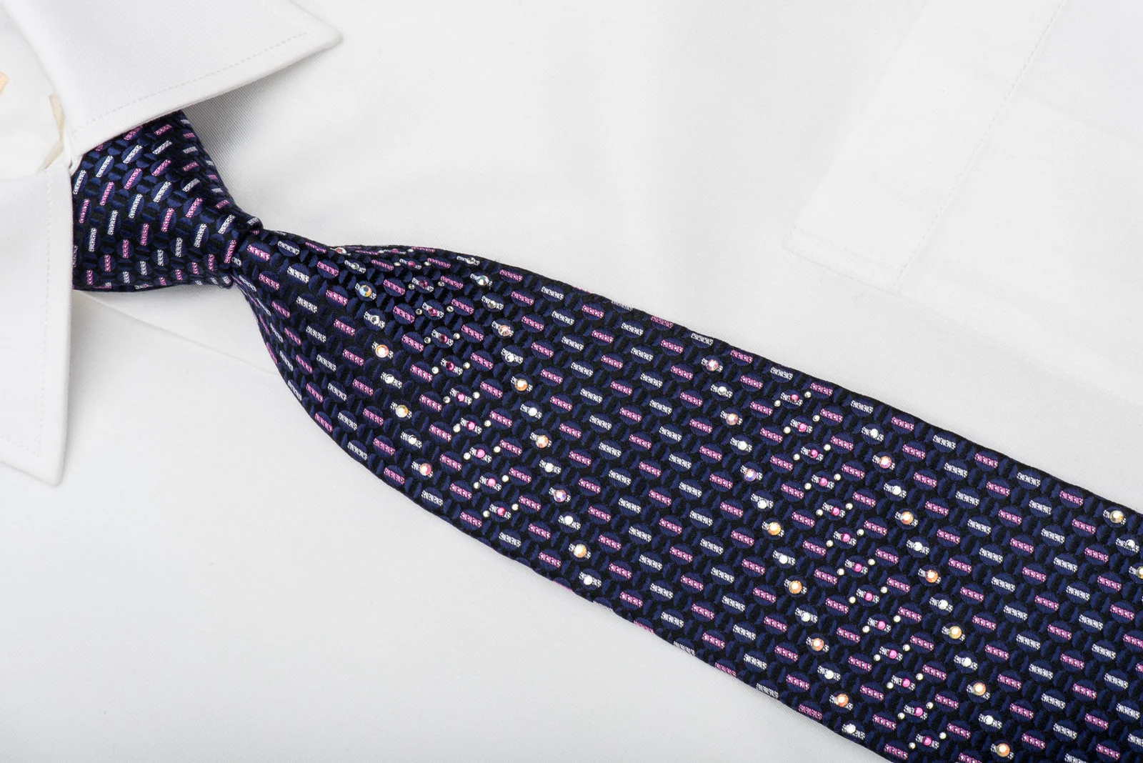 Smalto Rhinestone Silk Necktie Pink Silver Geometric On Blue With Sparkles - Image 2