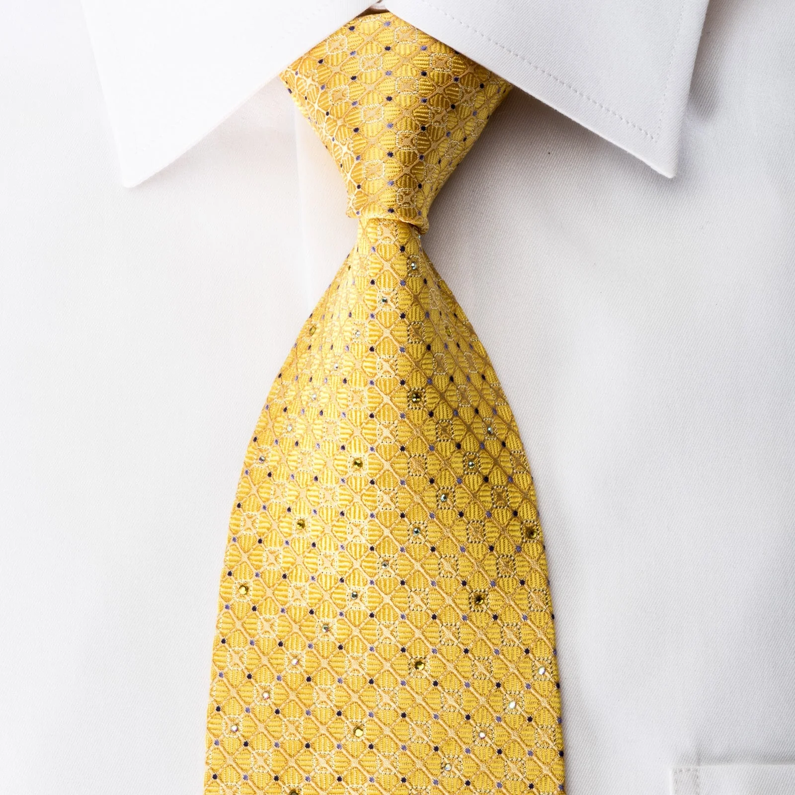 Smalto Rhinestone Silk Necktie Trellis On Yellow With Silver Sparkles