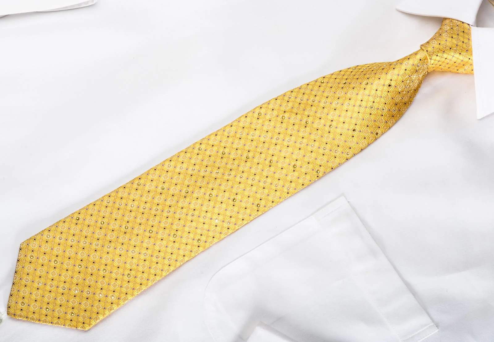 Smalto Rhinestone Silk Necktie Trellis On Yellow With Silver Sparkles - Image 4