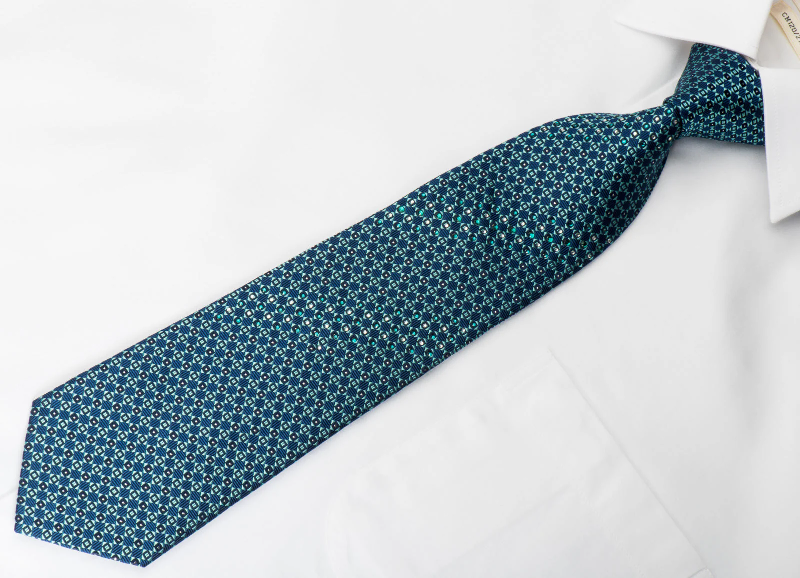 Smalto Rhinestone Silk Necktie Turquoise Checker On Blue With Silver Sparkles - Image 2
