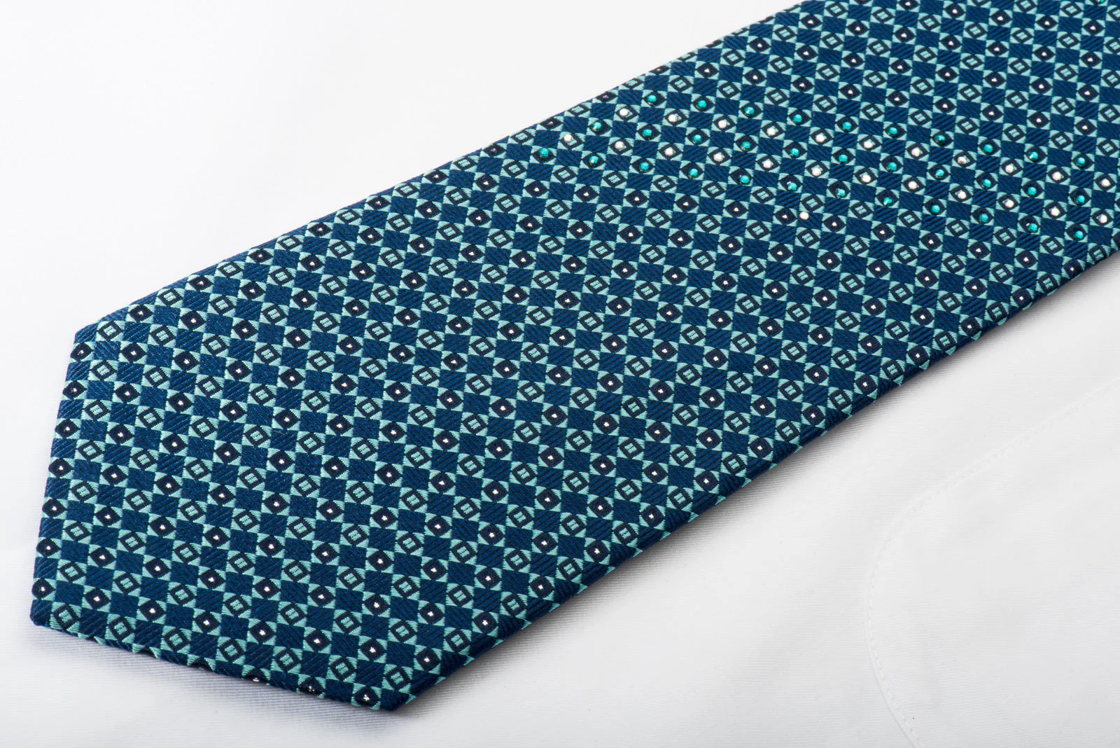 Smalto Rhinestone Silk Necktie Turquoise Checker On Blue With Silver Sparkles - Image 3