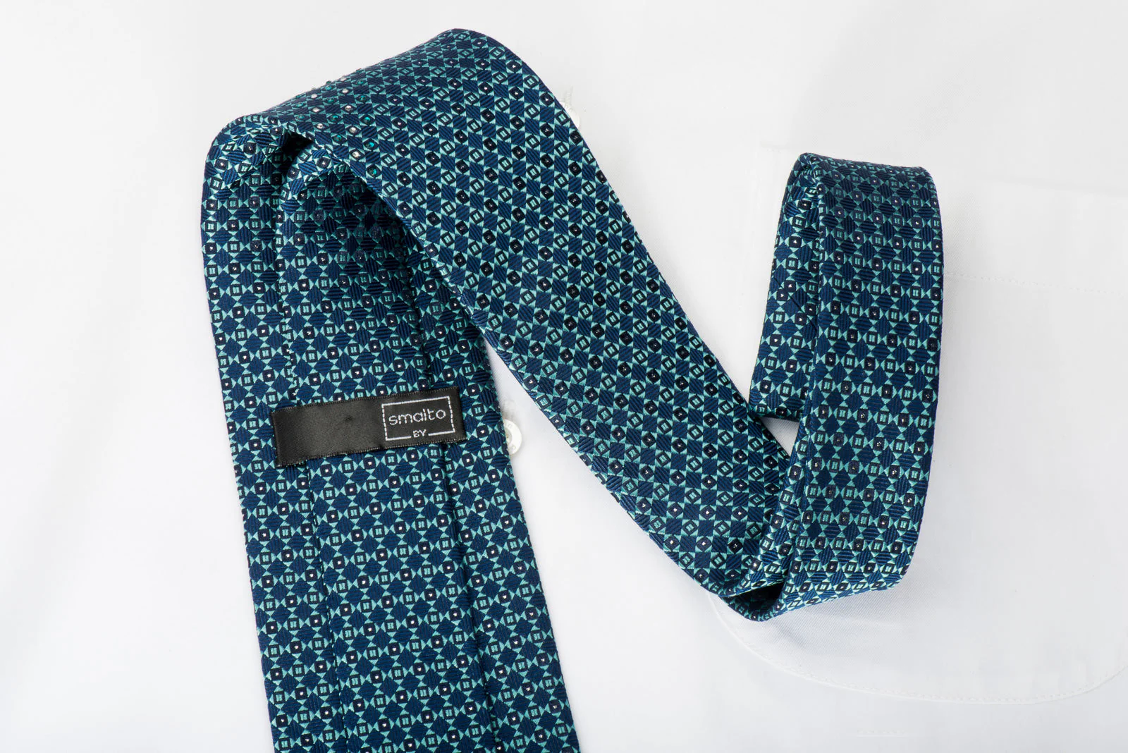 Smalto Rhinestone Silk Necktie Turquoise Checker On Blue With Silver Sparkles - Image 4